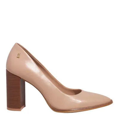 Scarpin Boneca Couro Salto Alto Bloco Bege