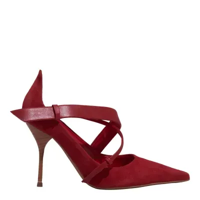 Scarpin Nobuck Vermelho Bico Fino Salto Agulha