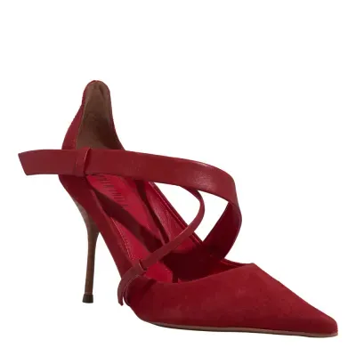 Scarpin Nobuck Vermelho Bico Fino Salto Agulha