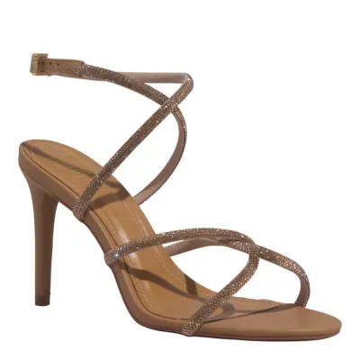 Sandália Napa Soft Strass Brilho Salto Alto Fino Bege