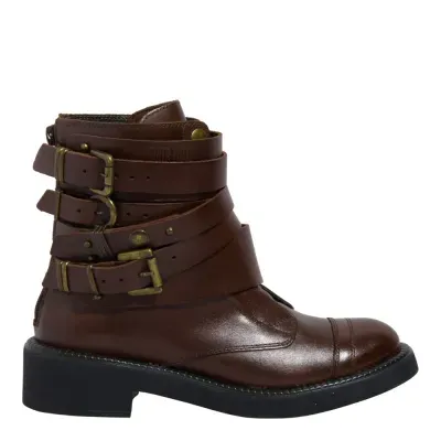 Bota Coturno Fivelas Couro Confort Marrom Dark