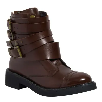 Bota Coturno Fivelas Couro Confort Marrom Dark