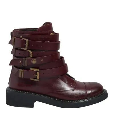 Bota Coturno Fivelas Couro Confort Roxo Berry