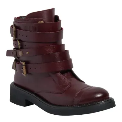 Bota Coturno Fivelas Couro Confort Roxo Berry