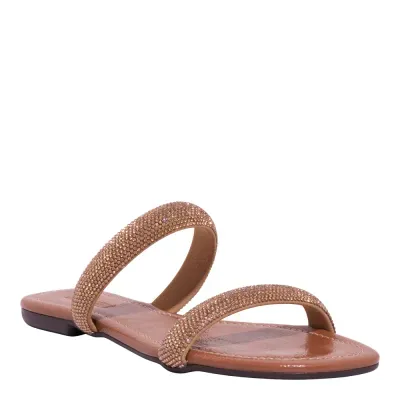 Rasteira Verniz Bege Tiras Strass Brilho