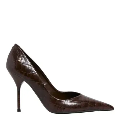 Scarpin Croco Italiano Marrom Dark Bico Fino Salto Agulha
