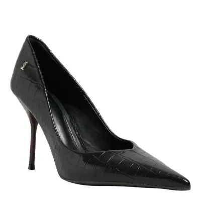 Scarpin Croco Italiano Preto Bico Fino Salto Agulha