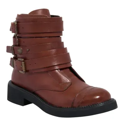 Bota Coturno Fivelas Couro Confort Marrom Safari