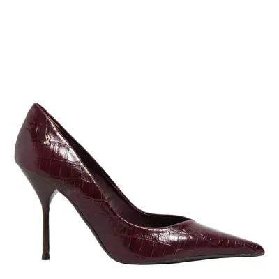 Scarpin Croco Italiano Roxo Berry Bico Fino Salto Agulha