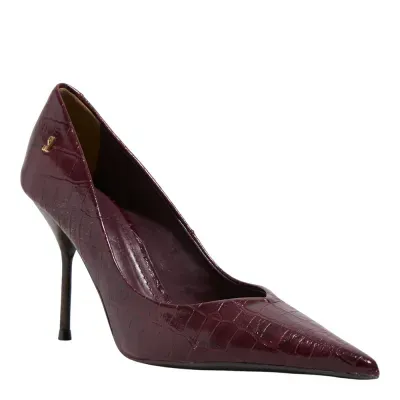 Scarpin Croco Italiano Roxo Berry Bico Fino Salto Agulha