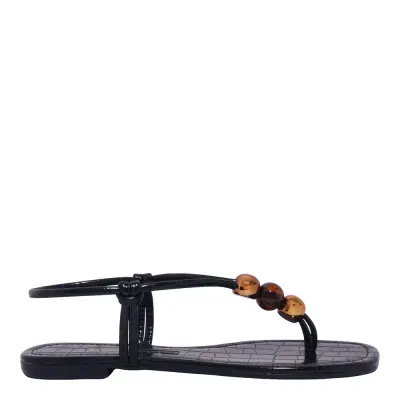 Rasteira Croco Miçangas Bico Quadrado Preta