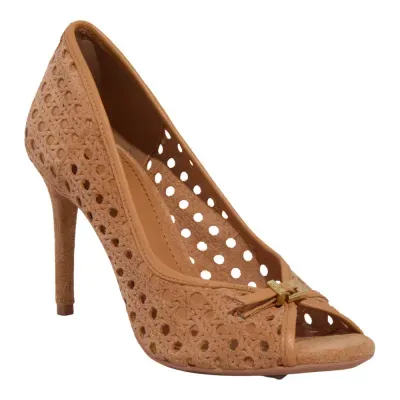 Peep Toe Couro Camurça Tressê Caramelo Salto Alto Fino
