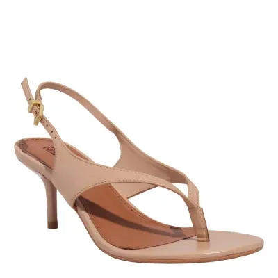 Sandália Thong Couro Salto Baixo Fino Bege