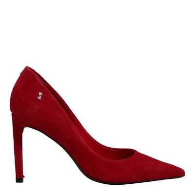 Scarpin Nobuck Vermelho Bico Fino Salto Alto