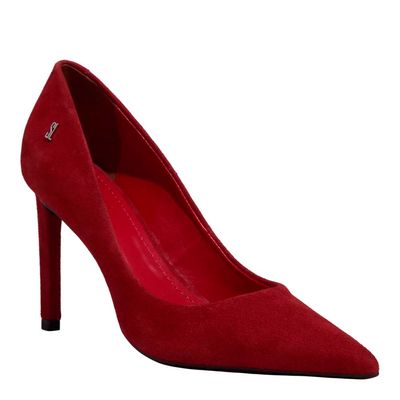 Scarpin Nobuck Vermelho Bico Fino Salto Alto
