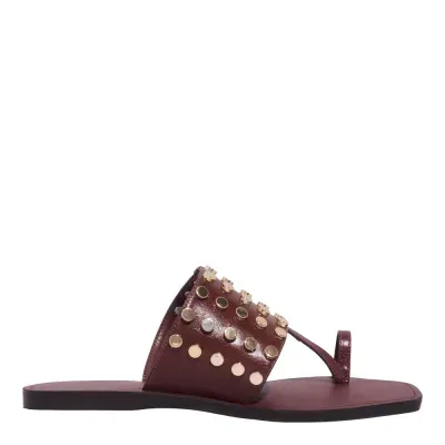 Rasteira Couro Confort Marrom Dark Bico Quadrado Tachas