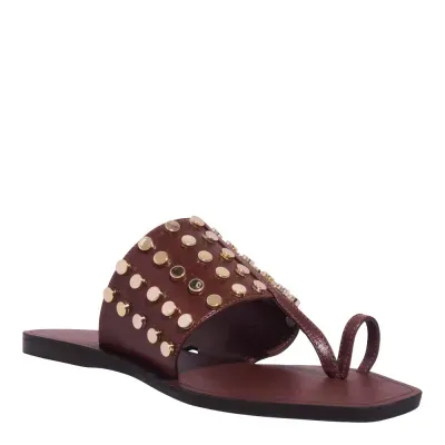 Rasteira Couro Confort Marrom Dark Bico Quadrado Tachas