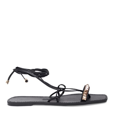 Rasteira Amarração Couro Pelica Preta Bico Quadrado