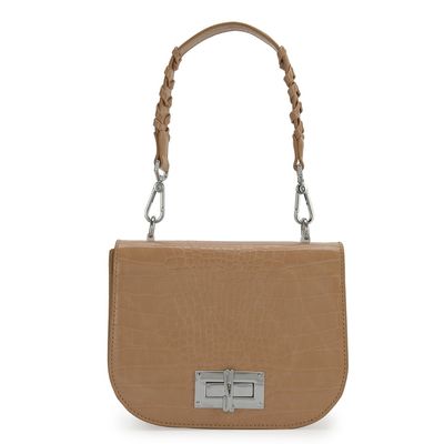 Bolsa Pequena Couro Croco Metal Bege