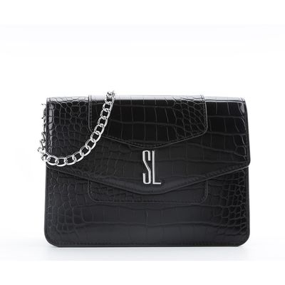 Bolsa Pequena Couro Croco Corrente Preta