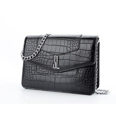 Bolsa Pequena Couro Croco Corrente Preta