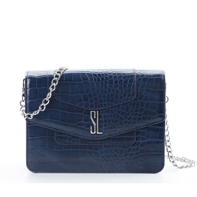Bolsa Pequena Couro Croco Corrente Azul Marinho