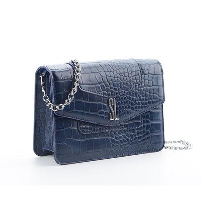 Bolsa Pequena Couro Croco Corrente Azul Marinho