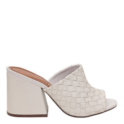 Mule Couro Tressê Salto Bloco Off White