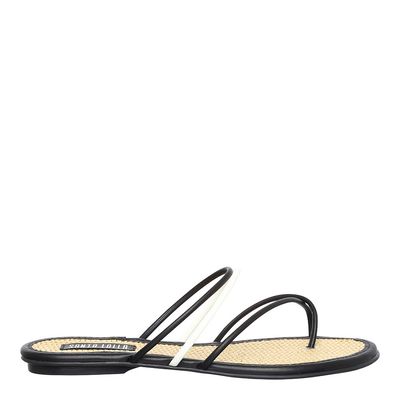 Rasteira New Couro Pelica Soft Palha Preto e Branco