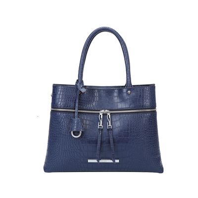 Bolsa Grande Couro Croco Zíper Azul Marinho