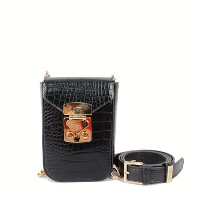 Bolsa Phone Bag Couro Croco Preta