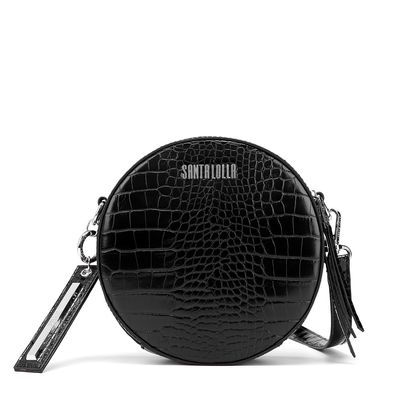 Bolsa Redonda Couro Croco Preta