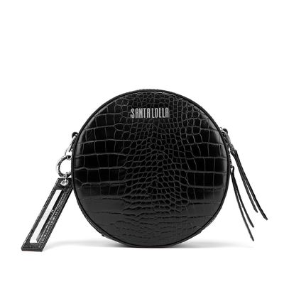 Bolsa Redonda Couro Croco Preta