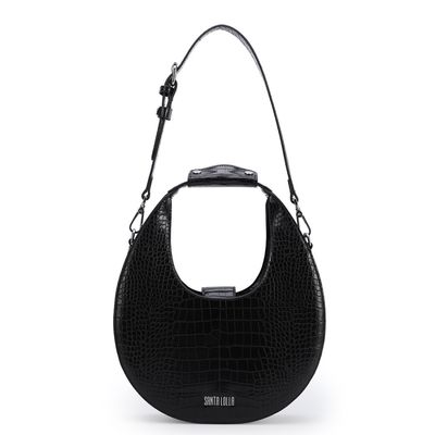 Bolsa Couro Croco Meia Lua Preta