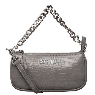 Bolsa Mini Couro Croco Corrente Cinza
