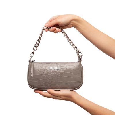 Bolsa Mini Couro Croco Corrente Cinza