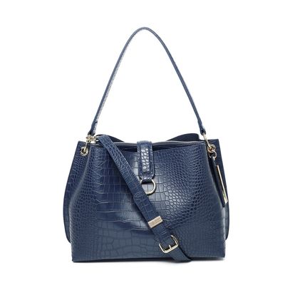 Bolsa Grande Couro Croco Argola Azul