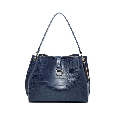 Bolsa Grande Couro Croco Argola Azul
