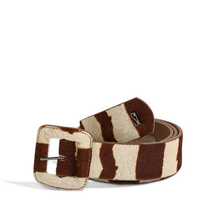 Cinto Couro Pêlo Fivela Quadrada Zebra Marrom