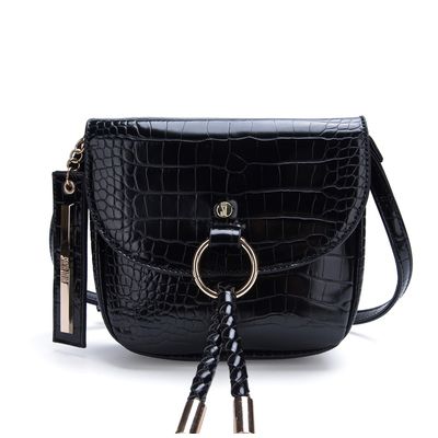 Bolsa Pequena Couro Croco Argola Preta