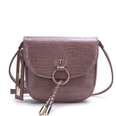 Bolsa Pequena Couro Croco Argola Taupe