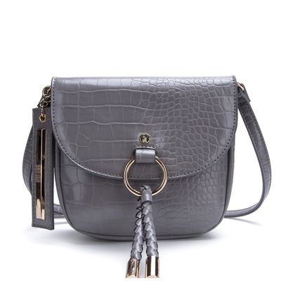 Bolsa Pequena Couro Croco Argola Cinza