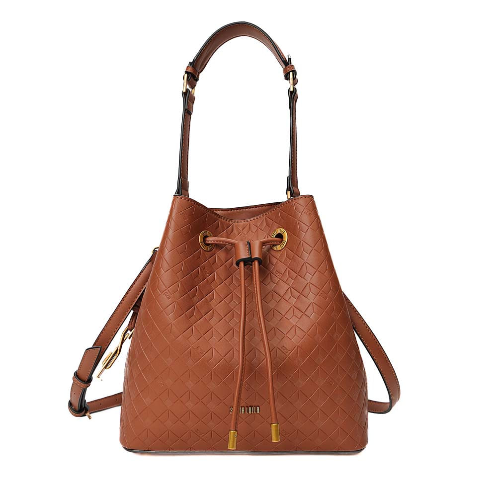 Bolsa Bucket Média Soft Cubos Marrom Dark Alça Dupla - Santa Lolla