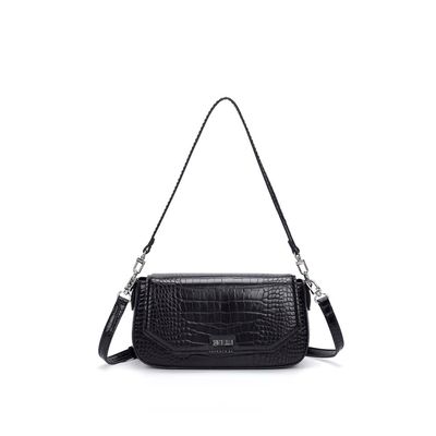 Bolsa Baguete Média Croco Preta Alça De Ombro