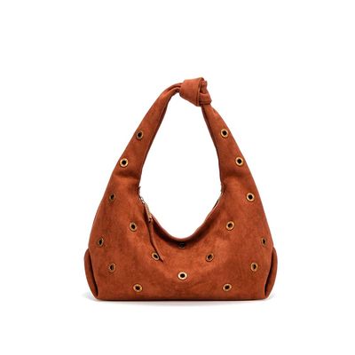 Bolsa Hobo Ilhós Camurça Marrom Brick Alça De Ombro