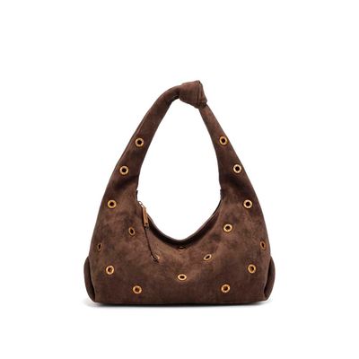 Bolsa Hobo Ilhós Camurça Marrom Alça De Ombro