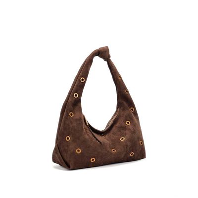 Bolsa Hobo Ilhós Camurça Marrom Alça De Ombro