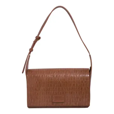 Bolsa Média Couro Croco Marrom Safari Alça De Ombro