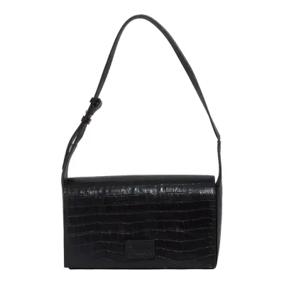 Bolsa Média Couro Croco Preta Alça De Ombro