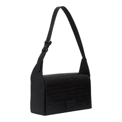 Bolsa Média Couro Croco Preta Alça De Ombro